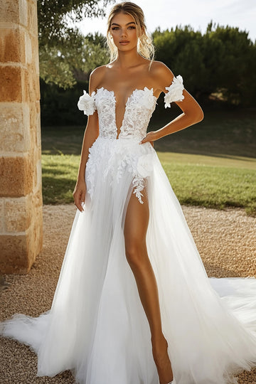Robe de mariée en dentelle de tulle ivoire une ligne avec appliques